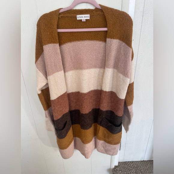 Knox Rose Sweaters - KNOX ROSE BROWN TAN & PINK COLOR BLOCK SWEATER CARDIGAN